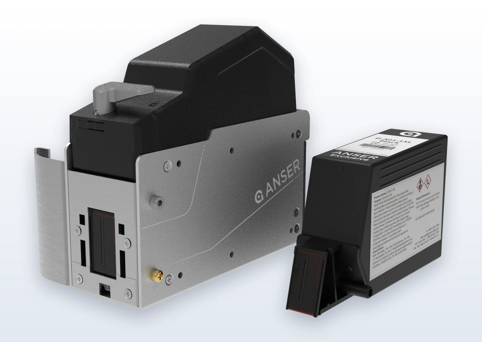 Anser 1-inch high-volume thermal inkjet printhead beside its 160 mL bulk ink cartridge